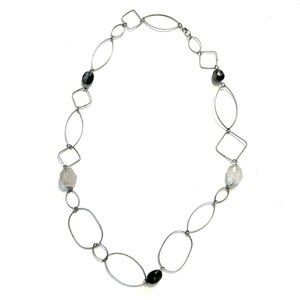 Long Linked Loops Chain Necklace with Stone Beads Silver Tone Black Grey Crystal